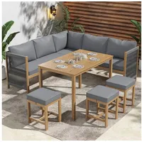 autolock Gartenlounge-Set Garten-Essgruppe mit Kissen,Ecksofa,Polyrattan Lounge,Balkonset, für 7–8 Personen,mit Sofa,3 Hocker und 1 Tisch, Aus Akazie beige|grau