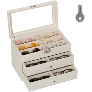Relaxdays Brillenbox, 18 Brillen, Lederoptik, Samtbezug, Glasfenster, HxBxT: 22,5 x 33,5 x 19 cm, Brillenkoffer, weiß