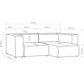 [en.casa] Sofa, Suldal 2-Sitzer mit Longchair Webstoff Grau