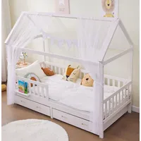 ALAVYA HOME Alavya Home® Hausbett 90x200 cm Komplett Set mit Schubladen Weiß - Zwei Schubladen + Matratze + Weiß Deko I Kinderbett 90 x 200 cm - Weiß