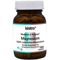 KINITRO Magnesium Nahrungsergänzungsmittel mit 100% natürlichem Magnesium aus Meeresmagnesiumsalz und Brennnesselpulver, hoch bioverfügbar, 225 mg Magnesium pro Tagesdosis, 180 Kapseln, vegan