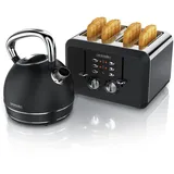 Arendo Frühstücks-Set Edelstahl Wasserkocher 1,7l, 4-Scheiben Kurzschlitz Toaster, schwarz (2-tlg), Frühstücksset, Wasserkocher Retro, Toaster Vintage, 2 Rösteinheiten schwarz