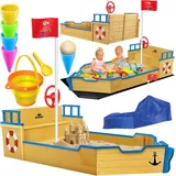 Kidiz KIDIZ® Sandkasten Ahoi Piratenschiff Boot Segelschiff aus Holz Inkl. Abdeckung, Bodenplane, Sitzbank, Flaggenmast, Sandspielzeug Große Kinder Sandkiste für den Garten Outdoor Sandbox