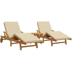 vidaXL Sonnenliegen 2 Stück mit Kissen und Tisch Beige Massivholz Akazie