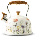 Wasserkessel aus Edelstahl (3L), Flötenkessel mit Einklappgriff, Wasserkocher für Induktion und Gasherd, Teekessel für Tee und Kaffee, Alle Kochplatten, (Weiß und Violett)