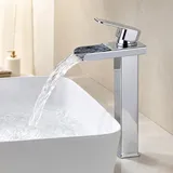 HOMELODY Wasserhahn Bad Wasserfall Waschtischarmatur, Einhandmischer Messing Armatur Badezimmer mit Auslauf Höhe 260 MM, Moderner Mischbatterie Waschbecken, Energiesparend, Chrom