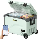 Outsunny 42,5 L Kompressor Kühlbox Leise elektrisch Mini Kühlschrank bis -20°C Kühlbox mit Bluetooth LED Rolle Kühlfunktion Griff Handyhalter Stoßfest Gefrierbox 12/230 Volt für Auto LKW Reisen Grün