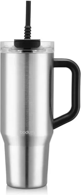 BODUM Reisebecher Tumbler 1,2 L Elegantes Silber - mit Strohhalm, Griff und Deckel