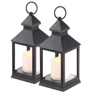 Lunartec Sturmlaterne: 2er Pack Laterne mit flackernder LED-Kerze und Timer, Batteriebetrieb (LED Grablichter, Laterne mit LEDkerzen, Flamme)