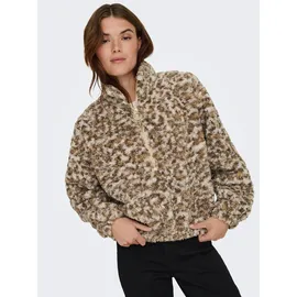 Only Sweatjacke "ONLXENA L/S TEDDY BOX SWT", Damen, Gr. S, humus aop:leo walnut, toasted coconut, Plüsch, Obermaterial: 100% Polyester, gemustert, weit, Sweatjacken Sweatjacke