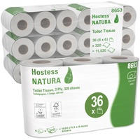 Hostess NATURA Toilettenpapierrollen 8653 – 2-lagiges Toilettenpapier – 6 Packungen mit 6 Toilettenpapierrollen x 320 Blatt weißes Toilettenpapier (insg. 36 Rollen/11.520 Blatt)