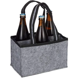 Relaxdays 6er Flaschenträger Filz, Männerhandtasche Bier, Stoff Flaschentasche für 0,5 l Flaschen, 15x24x15cm, grau, 1 Stück
