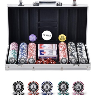 Vevor Kunststoff Pokerchip-Set, 300-teiliges Pokerset, Komplettes Pokerspielset mit Alu-Pokerkoffer, Karten, Knöpfe und Würfel, Komplett Set 7-8 Spieler für Texas Hold'em, Blackjack, Glücksspiel usw.