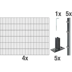 Alberts Komplettset Doppelstabmattenzaun in Anthrazit mit Pfostenträger, 2 m Matten, Höhe 80-120 cm