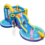 Aufblasbare Hüpfburg Mit Gebläse, Wasserpark Mit Rutsche & Wasserpistole & Planschbecken, Wasserpark Mit Basketballkorb & Spielbälle, Spielburg Für Kinder, 490 X 290 X 220 Cm - Goplus