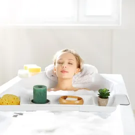 Relaxdays Badewannenablage, ausziehbar 55,5–78 cm, Kunststoff, Wasserablauflöcher, rutschsicher, Badewannenbrett, weiß