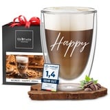 ElbFuchs® Doppelwandiges Latte Macchiato Glas | HAPPY | 1x 350ml [GESCHENK FÜR DIE LIEBSTEN] Ideal als Hochzeitsgeschenk für Brautpaar oder Geschenk zum Valentinstag | Glas mit Gravur