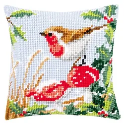 Kreuzstichkissen "Rotkehlchen & Fliegenpilz Winter"