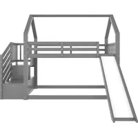 Etagenbett 90x200cm Ohne Matratze Grau Hochbett Mit Stauraumtreppe Und Rutsche Hausbett Mit Gelae nder Fuer Kinder Jugendliche Jugendbett - Grau