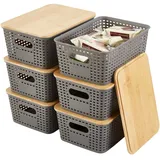 Sagittar 6er-Set Aufbewahrungsbox mit Bambus Deckel, Imitierter Rattan Kunststoff Aufbewahrungskorb, Stapelbare Aufbewahrungsboxen, Organizer Ideal für Büro, Kleiderschrank (Grau)