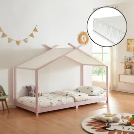 [en.casa] Kinderbett Brome Hausbett 90 x 200 cm Kiefer rosa rosa