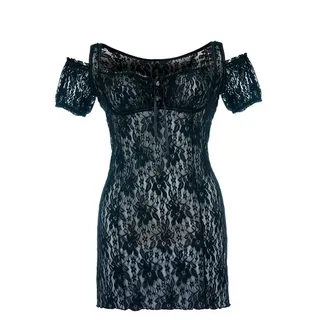 Andalea Negligé Schwarzes Spitzen Chemise transparent mit Schnürung Damen Negligee XXL schwarz 50/52
