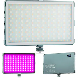 MOJOGEAR Lumi RGB LED-Lampe Medium – 18,5 W – Robustes Metall – 10.000 mAh Akku Power Bank – Farben und weiß/gelbes Licht – leistungsstarke Kameralampe/Videolampe/Studiolampe – Grau