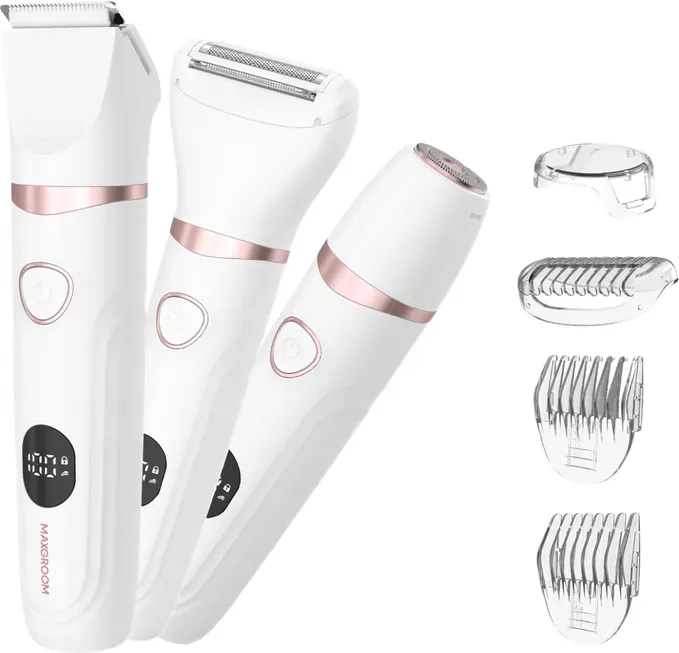 MAXGROOM 3-in-1 Damen-Bikini-Trimmer, tragbarer, kabelloser Reiserasierer, austauschbare Klingen, IPX7 wasserdicht, leicht zu reinigen, Keramikklingen, Damengeschenk, Weiß, BM2310