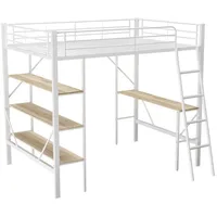 Rutaqian Hochbett Bettgestell Metallbett, Eisenbett, Hochbett 90x200 cm (Hochbett mit Schreibtisch und drei großen Ablagen) für Kinder, Jugendliche und Erwachsene,schwarz /Weiß