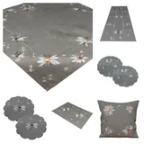 Tischdecke Mitteldecke Tischläufer Tischset Frühling Sommer grau Stickerei weiße Margeriten pflegeleicht Verschiedene Größen runde Deckchen (85 x 85 cm)