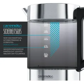 Arendo Wasserkocher 1,5 l, 2200 W, Edelstahl Glas, mit Basisstation & Temperatureinstellung 70°C - 100°C