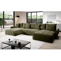 Vigo Velvet Monolith Ecksofa in U-Form 382 cm x 190 cm - Schlafsofa mit Bettkasten - Couch mit Stauraum und Kissen - Sofa mit Schlaffunktion - Ausziehbares Schlafsofa - Farbe: Olive (M-38)