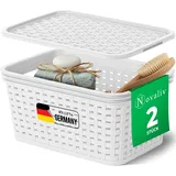 Novaliv 2er Set Eleganter Aufbewahrungskorb mit Deckel in Rattan-Optik | Weiß Lebensmittelecht Kunststoff 1L ? Perfekt für Bad & Kleidungsaufbewahrung. Aufbewahrungsbox Badezimmer Körbchen.