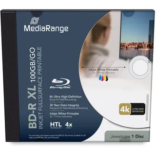 MediaRange BD-R XL 100GB, 4-fache Schreibgeschwindigkeit Inkjet fullsurface, einzelne Disc im Jewelcase