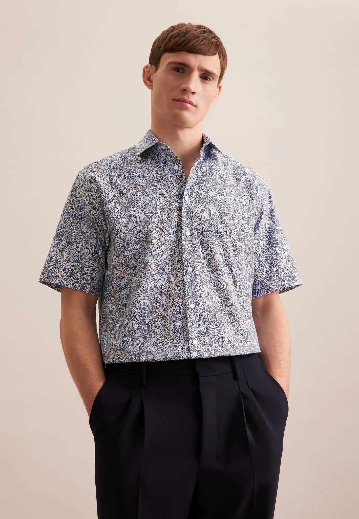 Businesshemd SEIDENSTICKER "Comfort", Herren, Gr. 3XL (48), normale Ärmellängen, blau, 100% Baumwolle, geblümt, comfort fit, Kurzarm gerader Abschluss, Hemden, Comfort Kurzarm Kentkragen Floral