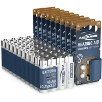 ANSMANN Batterie Set 100 Stück, Alkaline AA LR6 1,5V 40 Stück + Hörgerätebatterien Typ 312 braun P312 ZL3 PR41 60 Stück, Vorratspack, Set gemischt