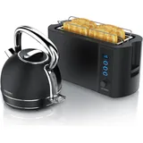 Arendo Frühstücks Set Edelstahl Wasserkocher 1,7l, Retro, Griff & 4-Scheiben Langschlitz Toaster, Schwarz, Wasserkocher, Schwarz
