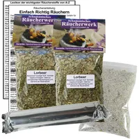LORBEER Lorbeerblätter zum RÄUCHERN. 15-TLG Räucherset - 2X 60ml Räucherwerk mit Räucherkohle (10x) + Räuchersand + Räucheranleitung + Lexikon der wichtigsten Räucherstoffe A-Z. 82060-XX46