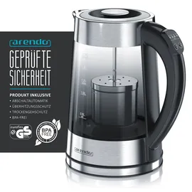 Arendo Edelstahl Glas Wasserkocher mit Teesieb und Rauchglas Teekocher Infusion 1,7 Liter