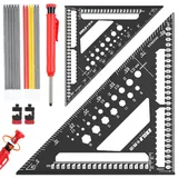MaxEarn 2 Stück Zimmermannswinkel Set, 180mm & 300mm Anschlagwinkel + Abwischbare Notizfläche + Intelligente Bohrlehre + Tieflochmarker + 12 Bleistiftminen, Aluminiumlegierung Anreißwerkzeug