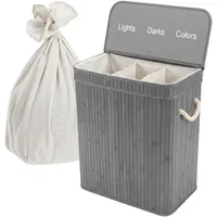 Relaxdays Wäschekorb mit Deckel, 3 Fächer, Bambus, 105 l, faltbar, HxBxT: 63 x 52 x 32 cm, Wäsche Sortiersystem, grau