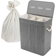 Relaxdays Wäschekorb mit Deckel, 3 Fächer, Bambus, 105 l, faltbar, HxBxT: 63 x 52 x 32 cm, Wäsche Sortiersystem, grau