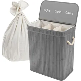Relaxdays Wäschekorb mit Deckel, 3 Fächer, Bambus, 105 l, faltbar, HxBxT: 63 x 52 x 32 cm, Wäsche Sortiersystem, grau