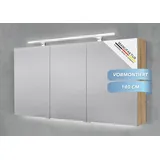 Intarbad Badezimmerspiegelschrank 3-türiger Spiegelschrank mit MULTI LED Acryl Aufsatzleuchte, dimmbar (Doppelspiegeltüren, Holz-/ Lackdekore, Maße von 120 bis 140 cm wählbar, Höhe 70 cm, Glasfachböden, Magnetleiste & Kosmetikspiegel Ø 12 cm) Vormontierte Lieferung, Floatglas, 160 kg Traglast, Made in Germany beige 140 cm x 70 cm x 13,5 cm