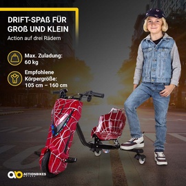 Actionbikes Motors Elektro-Drift-Trike für Kinder, Drift-Scooter, bis zu 15km/h, drosselbar, Hupe, LED-Driftrollen 360° (Rot)