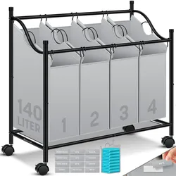 KESSER® Wäschekorb Wäschesammler Wäschesortierer mit abnehmbaren Stofftaschen   Wäschebox mit 12 Waschhinweisen 360° Rollen mit Bremse Wäsche-Sortiersystem Wäschewagen