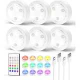 EZVALO Puck-Lampen mit Fernbedienung, 14 einstellbare Farben RGB LED, 1200mAh wiederaufladbare Schrankleuchten, Tap-Licht für Küche, Theke, Kleiderschrank (6 Stück)