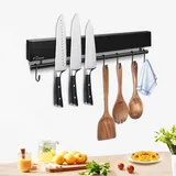 Dmore 30 cm Magnetleiste Messer mit 5 Haken, schwarzer Messerhalter magnetisch mit Hakenleiste, extrem selbstklebend Magnet Messerhalter, inklusive Klebeband und Schrauben, für Messer und Utensilien