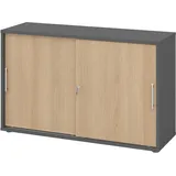 bümö Schiebetürenschrank 2OH - Aktenschrank abschließbar, Sideboard Schrank mit Schiebetüren in Graphit/Eiche, Relinggriff - Büroschrank aus Holz mit Schiebetür, Büro Kommode für Ordner & Co.