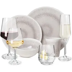 Moritz Melamin Geschirr-Set 4 Personen Amboss Design 16 Teilig + 16 Milano Gläser Wassergläser Weingläser Champagner-Gläser Flûtes Tafelgeschirr